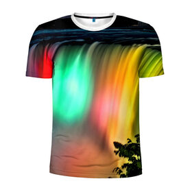 Мужская футболка 3D спортивная с принтом Цветной водопад , 100% полиэстер с улучшенными характеристиками | приталенный силуэт, круглая горловина, широкие плечи, сужается к линии бедра | niagara | ниагара | подсветка | яркий