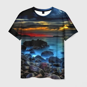 Мужская футболка 3D с принтом Скалистый берег , 100% полиэфир | прямой крой, круглый вырез горловины, длина до линии бедер | Тематика изображения на принте: закат | море | небо | пейзаж | пестрый