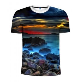Мужская футболка 3D спортивная с принтом Скалистый берег , 100% полиэстер с улучшенными характеристиками | приталенный силуэт, круглая горловина, широкие плечи, сужается к линии бедра | закат | море | небо | пейзаж | пестрый