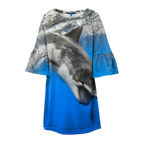 Детское платье 3D с принтом Акула , 100% полиэстер | прямой силуэт, чуть расширенный к низу. Круглая горловина, на рукавах — воланы | Тематика изображения на принте: shark | море | синий | челюсти