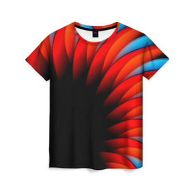 Женская футболка 3D с принтом Абстрактные лепестки , 100% полиэфир ( синтетическое хлопкоподобное полотно) | прямой крой, круглый вырез горловины, длина до линии бедер | красный | черный | яркий