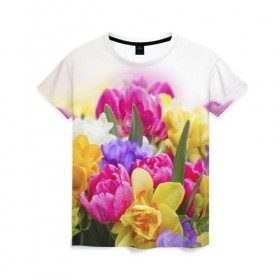 Женская футболка 3D с принтом Нежность , 100% полиэфир ( синтетическое хлопкоподобное полотно) | прямой крой, круглый вырез горловины, длина до линии бедер | желтый | красный | любовь | новинки | подарок | розы | сердце | текстура | тюльпаны | цветы