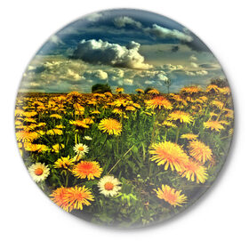 Значок с принтом Одуванчики ,  металл | круглая форма, металлическая застежка в виде булавки | Тематика изображения на принте: пейзаж | поле | цветы
