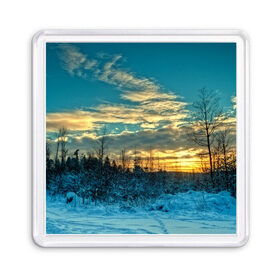 Магнит 55*55 с принтом Winter sunset , Пластик | Размер: 65*65 мм; Размер печати: 55*55 мм | закат | лес зима | пейзаж