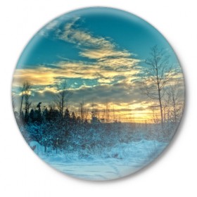 Значок с принтом Winter sunset ,  металл | круглая форма, металлическая застежка в виде булавки | Тематика изображения на принте: закат | лес зима | пейзаж