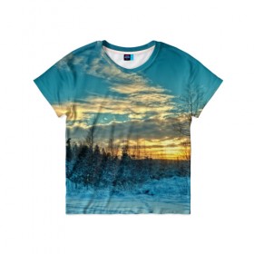 Детская футболка 3D с принтом Winter sunset , 100% гипоаллергенный полиэфир | прямой крой, круглый вырез горловины, длина до линии бедер, чуть спущенное плечо, ткань немного тянется | закат | лес зима | пейзаж