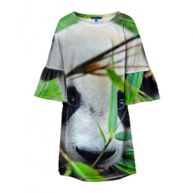 Детское платье 3D с принтом Панда в лесу , 100% полиэстер | прямой силуэт, чуть расширенный к низу. Круглая горловина, на рукавах — воланы | Тематика изображения на принте: бамбук | животное | медведь