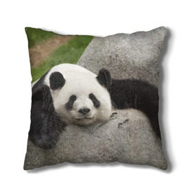 Подушка 3D с принтом Панда на камушке , наволочка – 100% полиэстер, наполнитель – холлофайбер (легкий наполнитель, не вызывает аллергию). | состоит из подушки и наволочки. Наволочка на молнии, легко снимается для стирки | бамбук | животное | медведь