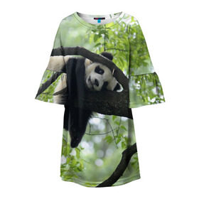Детское платье 3D с принтом Панда спит на ветке , 100% полиэстер | прямой силуэт, чуть расширенный к низу. Круглая горловина, на рукавах — воланы | бамбук | животное | медведь