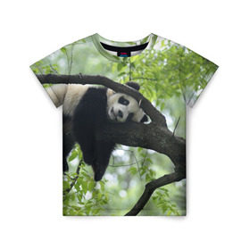 Детская футболка 3D с принтом Панда спит на ветке , 100% гипоаллергенный полиэфир | прямой крой, круглый вырез горловины, длина до линии бедер, чуть спущенное плечо, ткань немного тянется | Тематика изображения на принте: бамбук | животное | медведь