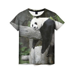 Женская футболка 3D с принтом Большая уставшая панда , 100% полиэфир ( синтетическое хлопкоподобное полотно) | прямой крой, круглый вырез горловины, длина до линии бедер | бамбук | животное | медведь