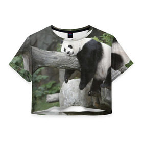 Женская футболка 3D укороченная с принтом Большая уставшая панда , 100% полиэстер | круглая горловина, длина футболки до линии талии, рукава с отворотами | бамбук | животное | медведь