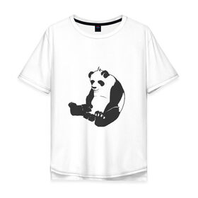 Мужская футболка хлопок Oversize с принтом Задумчивый панда , 100% хлопок | свободный крой, круглый ворот, “спинка” длиннее передней части | Тематика изображения на принте: бамбук | животное | медведь