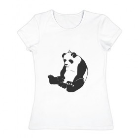 Женская футболка хлопок с принтом Задумчивый панда , 100% хлопок | прямой крой, круглый вырез горловины, длина до линии бедер, слегка спущенное плечо | бамбук | животное | медведь