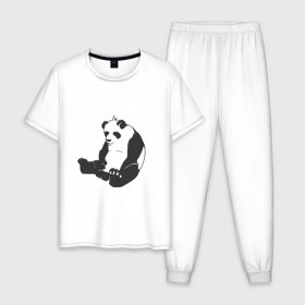 Мужская пижама хлопок с принтом Задумчивый панда , 100% хлопок | брюки и футболка прямого кроя, без карманов, на брюках мягкая резинка на поясе и по низу штанин
 | бамбук | животное | медведь