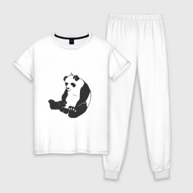 Женская пижама хлопок с принтом Задумчивый панда , 100% хлопок | брюки и футболка прямого кроя, без карманов, на брюках мягкая резинка на поясе и по низу штанин | Тематика изображения на принте: бамбук | животное | медведь