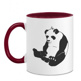 Кружка двухцветная с принтом Задумчивый панда , керамика | объем — 330 мл, диаметр — 80 мм. Цветная ручка и кайма сверху, в некоторых цветах — вся внутренняя часть | Тематика изображения на принте: бамбук | животное | медведь