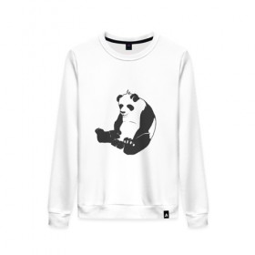 Женский свитшот хлопок с принтом Задумчивый панда , 100% хлопок | прямой крой, круглый вырез, на манжетах и по низу широкая трикотажная резинка  | Тематика изображения на принте: бамбук | животное | медведь