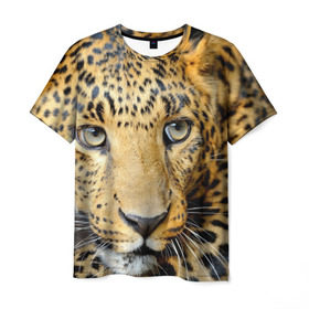 Мужская футболка 3D с принтом Леопард , 100% полиэфир | прямой крой, круглый вырез горловины, длина до линии бедер | Тематика изображения на принте: властелин | глаз | грация | животные | зверь | кот | кошачий | кошки | крупный | леопард | лес | млекопитающее | природа | пятна | рыжий | усатый | усы | фауна | флора | хищник | хозяин | царь джунгли
