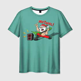 Мужская футболка 3D с принтом Дед Мороз металлист , 100% полиэфир | прямой крой, круглый вырез горловины, длина до линии бедер | heavy metal | santa claus | гитара | динамик | ёлка | музыка | новый год | рок | санта | хэви метал