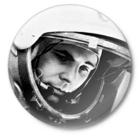 Значок с принтом Юрий Гагарин ,  металл | круглая форма, металлическая застежка в виде булавки | первый космонавт