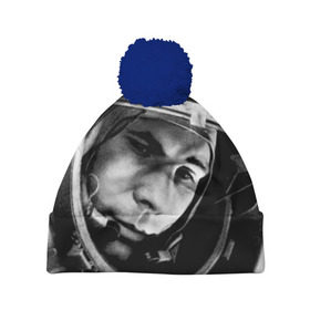 Шапка 3D c помпоном с принтом Юрий Гагарин , 100% полиэстер | универсальный размер, печать по всей поверхности изделия | первый космонавт