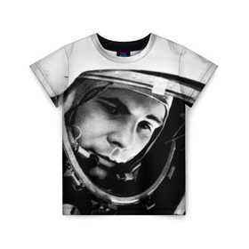 Детская футболка 3D с принтом Юрий Гагарин , 100% гипоаллергенный полиэфир | прямой крой, круглый вырез горловины, длина до линии бедер, чуть спущенное плечо, ткань немного тянется | первый космонавт