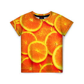Детская футболка 3D с принтом Сочные апельсины , 100% гипоаллергенный полиэфир | прямой крой, круглый вырез горловины, длина до линии бедер, чуть спущенное плечо, ткань немного тянется | Тематика изображения на принте: апельсин | летние | сочные | цитрус | яркие