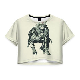 Женская футболка 3D укороченная с принтом Обезьяна с пистолетом , 100% полиэстер | круглая горловина, длина футболки до линии талии, рукава с отворотами | звезда | пистолет | шапка | шимпанзе