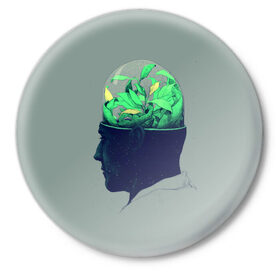 Значок с принтом Голова горшок ,  металл | круглая форма, металлическая застежка в виде булавки | Тематика изображения на принте: голова | горшок | колба | стекло | цветок | человек