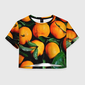 Женская футболка 3D укороченная с принтом Мандаринчики , 100% полиэстер | круглая горловина, длина футболки до линии талии, рукава с отворотами | зелень | оранжевый | цитрус | яркий