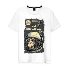 Мужская футболка хлопок с принтом Обезьяна космонавт , 100% хлопок | прямой крой, круглый вырез горловины, длина до линии бедер, слегка спущенное плечо. | космонавт | космос | обезьяна | шимпанзе