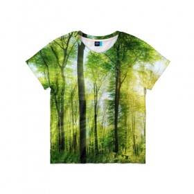 Детская футболка 3D с принтом Солнечный лес , 100% гипоаллергенный полиэфир | прямой крой, круглый вырез горловины, длина до линии бедер, чуть спущенное плечо, ткань немного тянется | деревья | зелень | лес | лето | лучи солнца | солнце | тайга