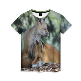 Женская футболка 3D с принтом Лиса и лесенок , 100% полиэфир ( синтетическое хлопкоподобное полотно) | прямой крой, круглый вырез горловины, длина до линии бедер | fox | животное | зверь | красивая | лес | лис | лиса | лисенок | лисица | лисичка | мех | патрикеевна | песец | плутовка | прикольная | природа | рыжая | рыжий цвет | сказка | хвост | хитрая | хищник