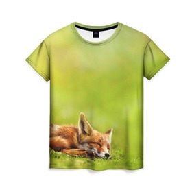 Женская футболка 3D с принтом Лисичка спит , 100% полиэфир ( синтетическое хлопкоподобное полотно) | прямой крой, круглый вырез горловины, длина до линии бедер | fox | животное | зверь | красивая | лес | лис | лиса | лисенок | лисица | лисичка | мех | патрикеевна | песец | плутовка | прикольная | природа | рыжая | рыжий цвет | сказка | хвост | хитрая | хищник