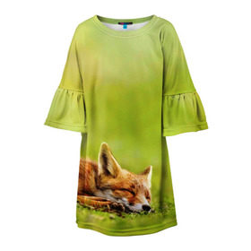 Детское платье 3D с принтом Лисичка спит , 100% полиэстер | прямой силуэт, чуть расширенный к низу. Круглая горловина, на рукавах — воланы | fox | животное | зверь | красивая | лес | лис | лиса | лисенок | лисица | лисичка | мех | патрикеевна | песец | плутовка | прикольная | природа | рыжая | рыжий цвет | сказка | хвост | хитрая | хищник