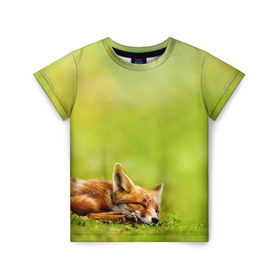 Детская футболка 3D с принтом Лисичка спит , 100% гипоаллергенный полиэфир | прямой крой, круглый вырез горловины, длина до линии бедер, чуть спущенное плечо, ткань немного тянется | fox | животное | зверь | красивая | лес | лис | лиса | лисенок | лисица | лисичка | мех | патрикеевна | песец | плутовка | прикольная | природа | рыжая | рыжий цвет | сказка | хвост | хитрая | хищник