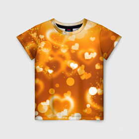 Детская футболка 3D с принтом Сердечки в золоте , 100% гипоаллергенный полиэфир | прямой крой, круглый вырез горловины, длина до линии бедер, чуть спущенное плечо, ткань немного тянется | Тематика изображения на принте: желтый | золотое | сердечки | яркий