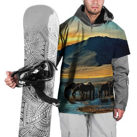 Накидка на куртку 3D с принтом Лошади , 100% полиэстер |  | 3d | берег | вода | горы | животное | закат | лошади | небо | прикольные | природа | река | солнце | яркие