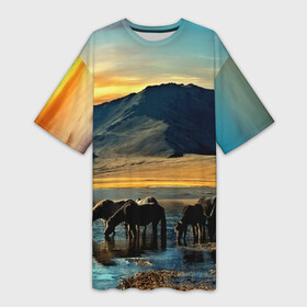 Платье-футболка 3D с принтом Лошади ,  |  | 3d | берег | вода | горы | животное | закат | лошади | небо | прикольные | природа | река | солнце | яркие