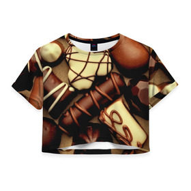 Женская футболка 3D укороченная с принтом Сладкие конфетки , 100% полиэстер | круглая горловина, длина футболки до линии талии, рукава с отворотами | 3d | десерт | еда | конфеты | много | пища | разные | сладкое | темный | фигуры | фон | форма | шоколад | яркие