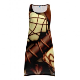 Платье-майка 3D с принтом Сладкие конфетки , 100% полиэстер | полуприлегающий силуэт, широкие бретели, круглый вырез горловины, удлиненный подол сзади. | 3d | десерт | еда | конфеты | много | пища | разные | сладкое | темный | фигуры | фон | форма | шоколад | яркие