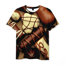 Мужская футболка 3D с принтом Сладкие конфетки , 100% полиэфир | прямой крой, круглый вырез горловины, длина до линии бедер | 3d | десерт | еда | конфеты | много | пища | разные | сладкое | темный | фигуры | фон | форма | шоколад | яркие