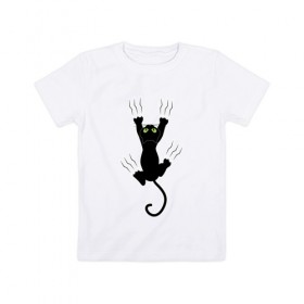 Детская футболка хлопок с принтом Кошка карабкается , 100% хлопок | круглый вырез горловины, полуприлегающий силуэт, длина до линии бедер | cat | арт | домашний питомец | когти | кот | кошка | прикольные | царапины