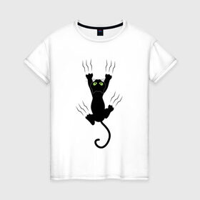 Женская футболка хлопок с принтом Кошка карабкается , 100% хлопок | прямой крой, круглый вырез горловины, длина до линии бедер, слегка спущенное плечо | cat | арт | домашний питомец | когти | кот | кошка | прикольные | царапины