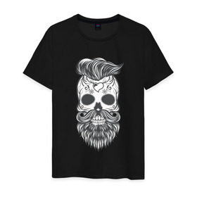 Мужская футболка хлопок с принтом Бородатый череп , 100% хлопок | прямой крой, круглый вырез горловины, длина до линии бедер, слегка спущенное плечо. | арт | борода | мертвец | прикольные | скелет | усы | череп