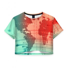 Женская футболка 3D укороченная с принтом Цифровой мир , 100% полиэстер | круглая горловина, длина футболки до линии талии, рукава с отворотами | зеленый | карта | кибер | красный