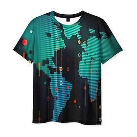 Мужская футболка 3D с принтом digital world , 100% полиэфир | прямой крой, круглый вырез горловины, длина до линии бедер | бирюзовый | карта | кибер | черный