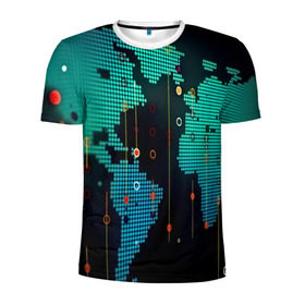 Мужская футболка 3D спортивная с принтом digital world , 100% полиэстер с улучшенными характеристиками | приталенный силуэт, круглая горловина, широкие плечи, сужается к линии бедра | бирюзовый | карта | кибер | черный