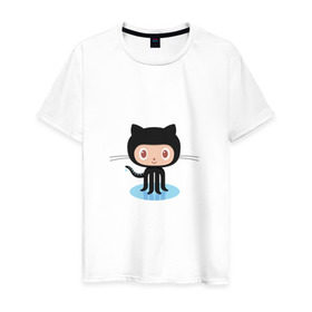 Мужская футболка хлопок с принтом github cat , 100% хлопок | прямой крой, круглый вырез горловины, длина до линии бедер, слегка спущенное плечо. | cat | github